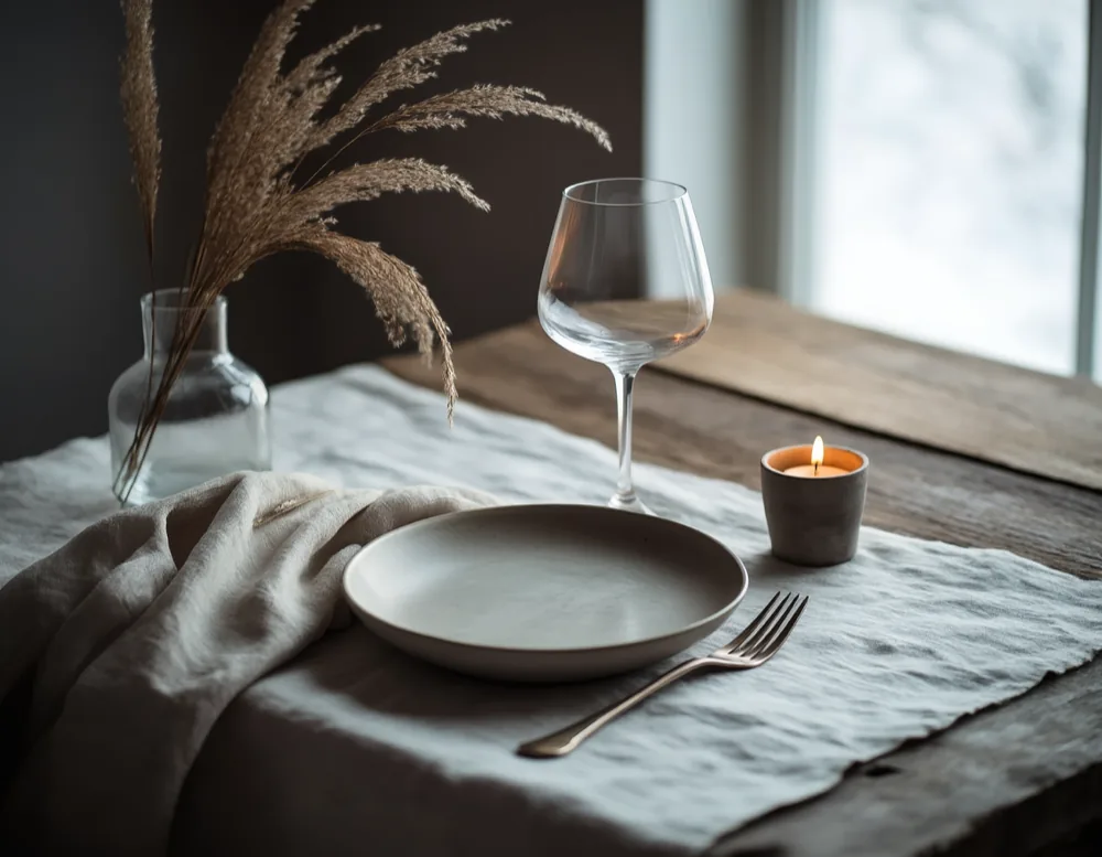 A place setting at Trauwerk: unbleached linen, plain ceramic, dried grasses, no flourish
