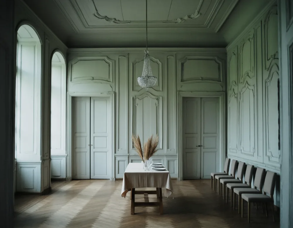 The Spiegelsaal at Haus Pillnitz, one linen-dressed table on worn herringbone parquet